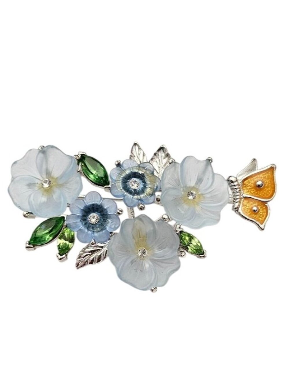 Monet Blue Lucite Style Flower Brooch, Green Rhinestone Pin, Signed, J779